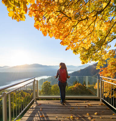 WandernMillstätterSeeSternenbalkon_Gschriet_MBN_©FranzGerdl_Herbst_111-19 Person mit Rucksack steht auf einer Aussichtsplattform und blickt über herbstlich gefärbte Wälder, Seen und Berge
